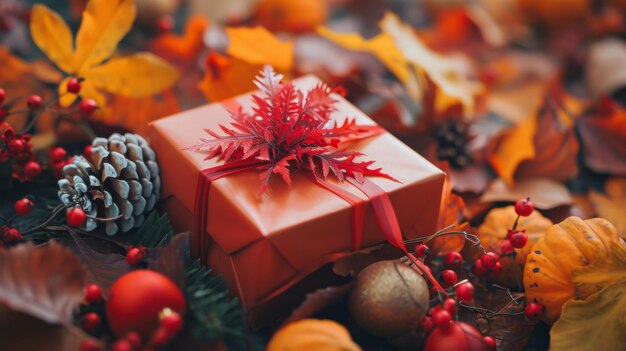 Rode geschenkdoos omringd door herfstbladeren en dennenkegel Dank geven