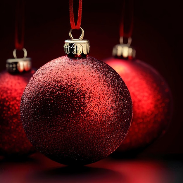 Rode glanzende kerst decoratieve ballen geïsoleerd op donkere achtergrond