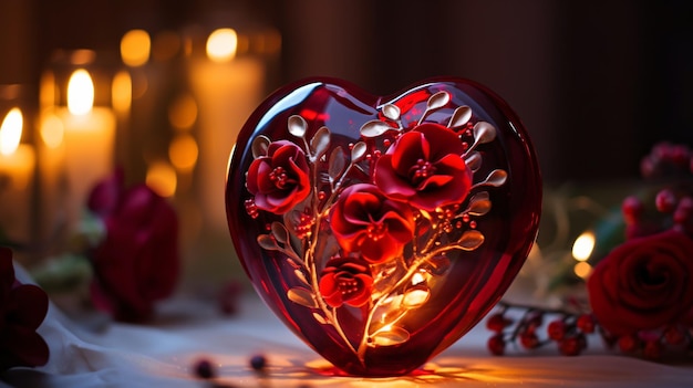 Rode glazen hartdecoratie met bloemstuk