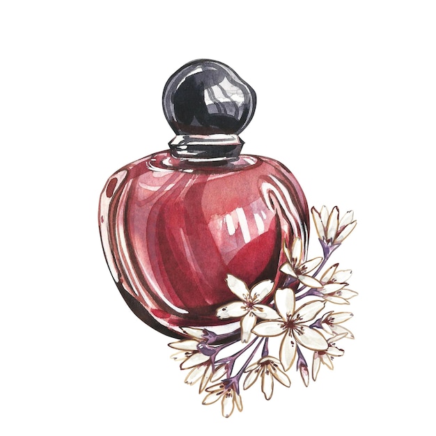 Rode glazen parfumfles met witte abstracte bloemen geïsoleerd op wit Aquarel handgetekende illustratie Kunst voor ontwerp
