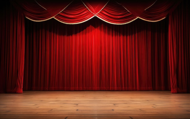 Rode gordijn en houten vloer interieur achtergrond sjabloon voor product display theater interieur podium