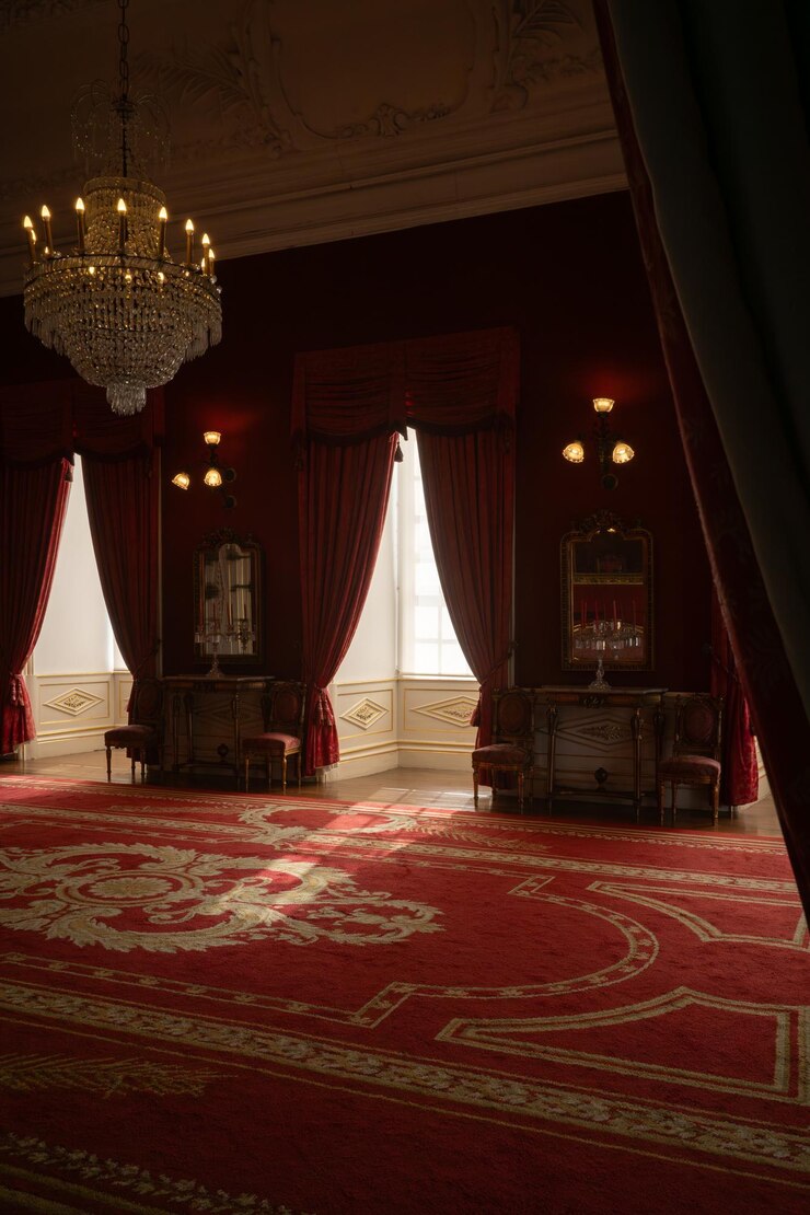 Rode gordijnen en kroonluchter in de kathedraal van Porto