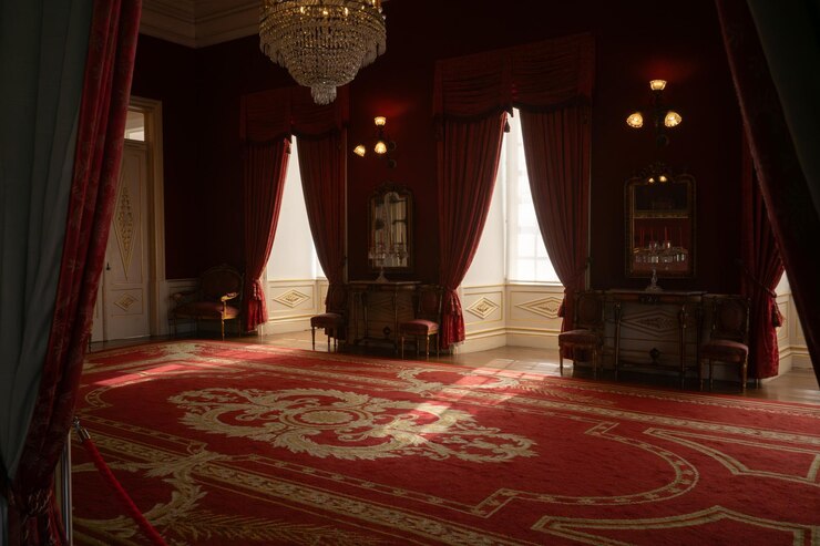Rode gordijnen en kroonluchter in de kathedraal van Porto