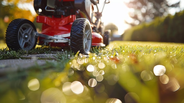 Rode grasmaaier op groen veld