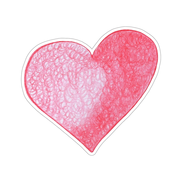 Rode hartsticker getekend met gekleurd potlood hartvorm geïsoleerd op witte achtergrond