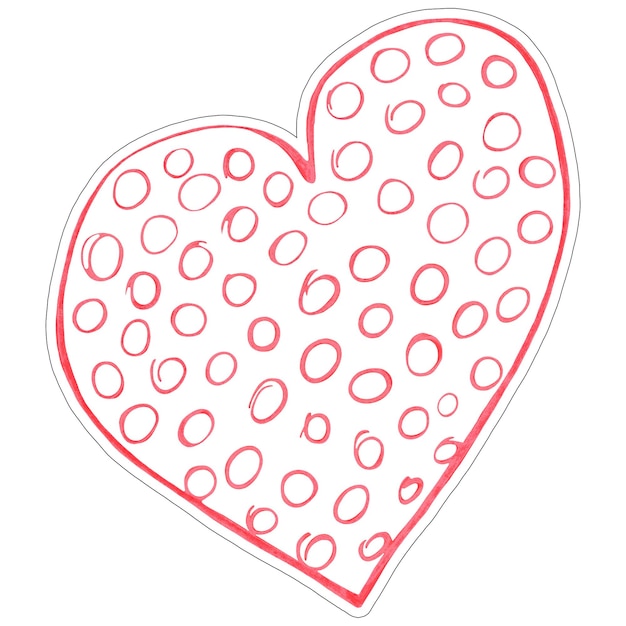 Rode hartsticker getekend met gekleurd potlood hartvorm geïsoleerd op witte achtergrond
