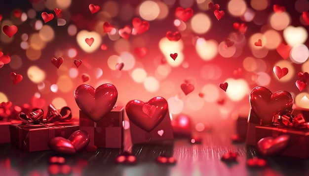Rode hartvormige ballonnen met rode cadeaubakken. Gelukkige Valentijnsdag.