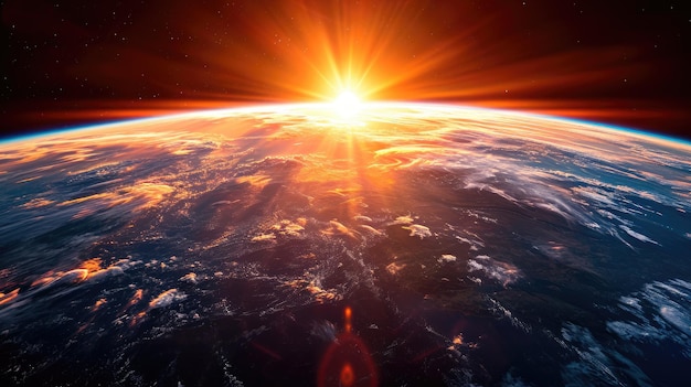 Rode heldere zonsondergang met de zonnestralen in vogelperspectief vanuit de ruimte en wolken prachtig landschapsbehang voor desktop