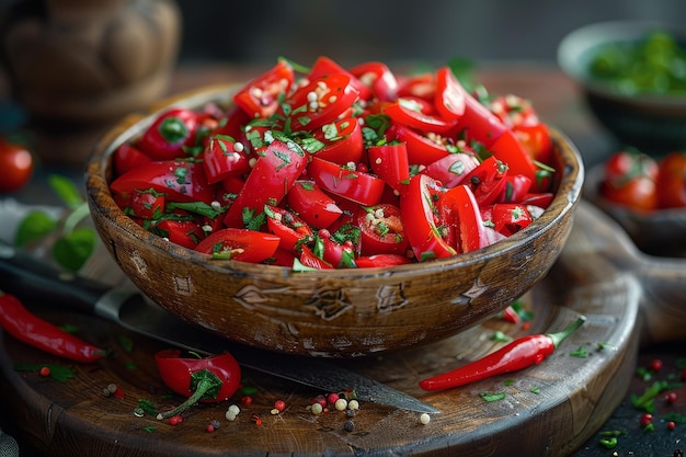 Rode hete chili pepers in een houten schaal