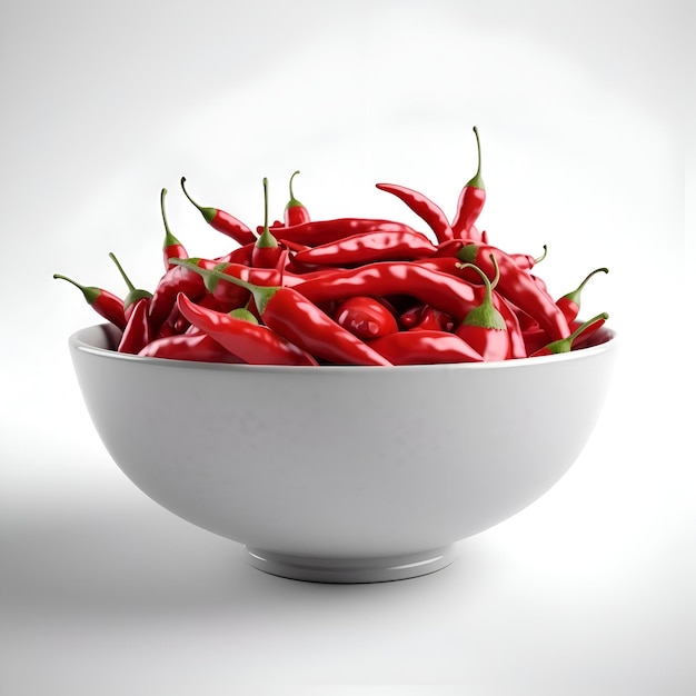 Rode hete chili pepers in een schaal geïsoleerd op een witte achtergrond