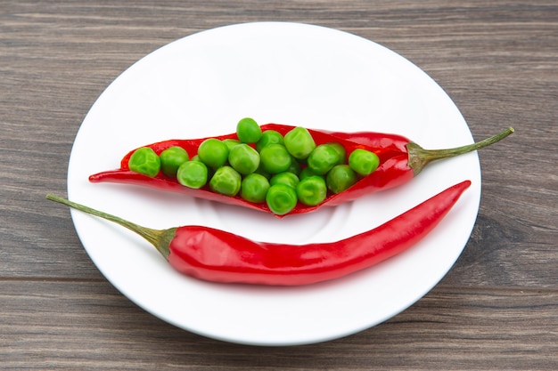 Rode hete peper op een witte plaat. Specerijen en groenten. Pittig eten en vitamines