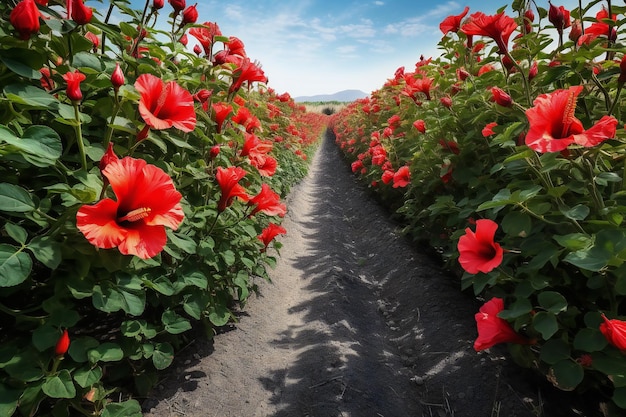 Rode hibiscus bloemen groeien in het veld in de zomer