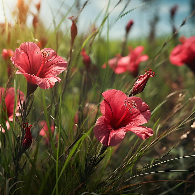 Rode hibiscusbloemen bloeien in een weide