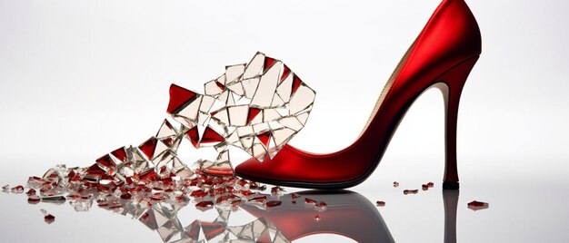 Foto rode hoge hakken schoen en afstandsbediening door gebroken glas