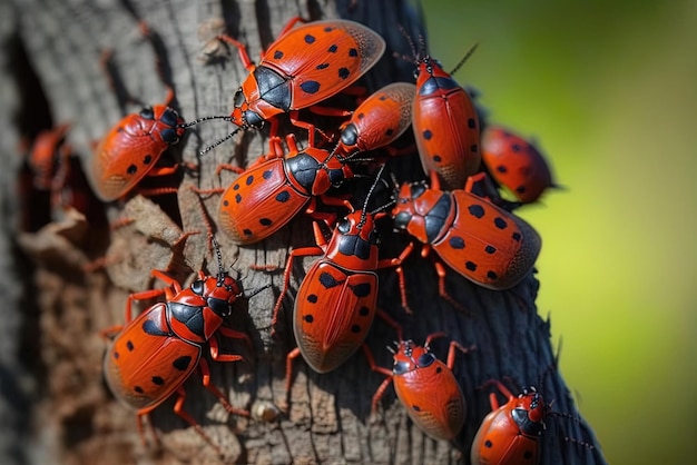 Rode insecten op een boom in extreme close-up