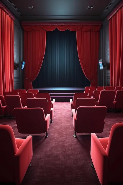 Rode kamer met gordijnen en een smartphone scherm tegenover de stoelen concept van mobiele internet bioscoop film première zakelijke conferentie of theater mock up 3D rendering