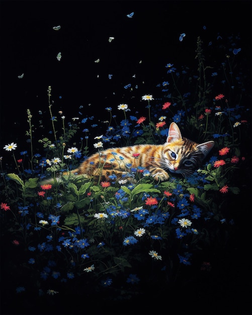 Foto rode kat die bij bloemen ligt die door ai zijn gegenereerd