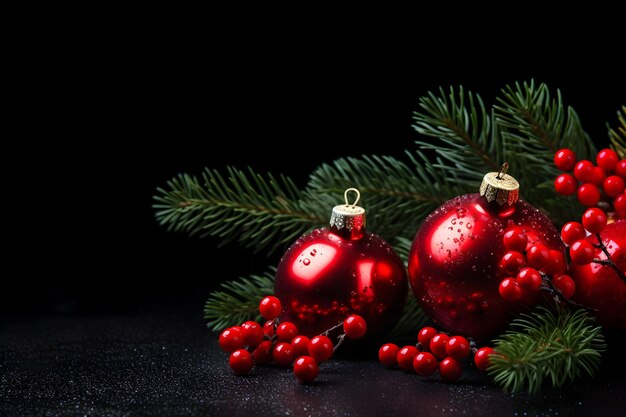 Foto rode kerstballen, dennen en bessen op een zwarte achtergrond