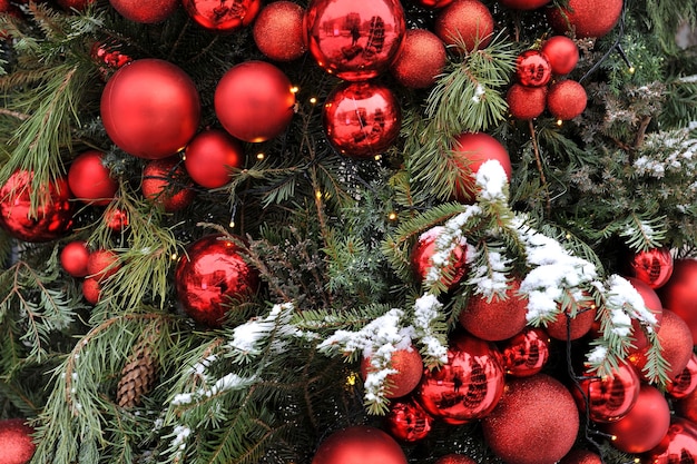 Rode kerstballen hangen aan besneeuwde takken van een kerstboom. Nieuwjaars achtergrond.