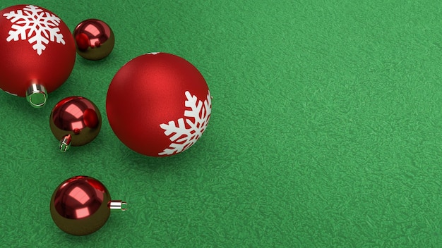 Rode kerstballen op groene achtergrond 3D-rendering