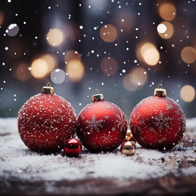 Foto rode kerstballen versierd en sneeuwvlokken op sneeuwende achtergrond