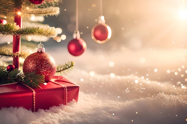 Rode kerstboom decoratie of kerstbal decoratie en een rood geschenk zitten op de witte sneeuw op een prachtige zachte dromerige winter sfeer en natuur achtergrond kerst achtergrond