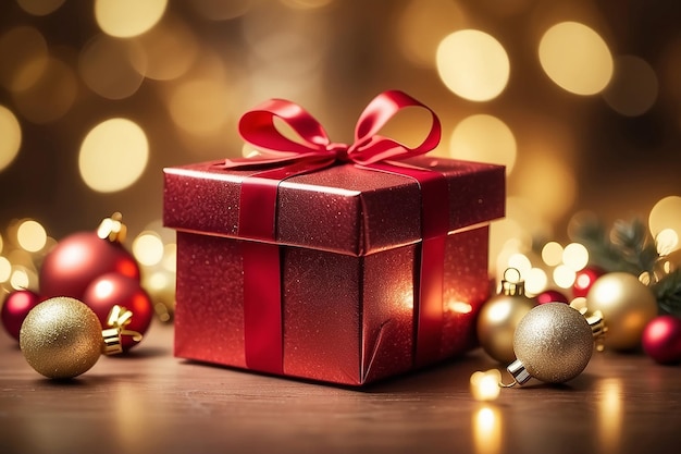 Rode kerstcadeau doos en ballen op een achtergrond van ontfocuste gouden lichten