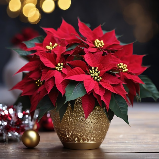 Rode kerstster poinsettia bloemen in gouden vaas