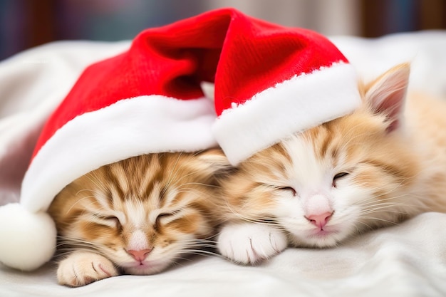Rode kittens in nieuwjaarshoeden voor Kerstmis
