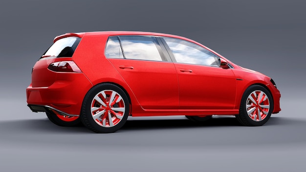 Rode kleine gezinsauto hatchback op grijze achtergrond. 3d-rendering.