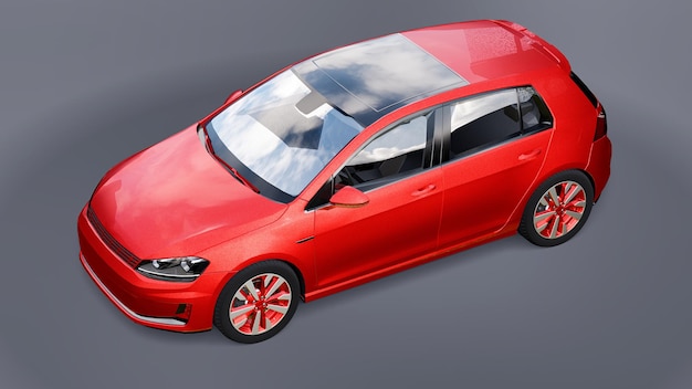 Rode kleine gezinsauto hatchback op grijze achtergrond. 3D-rendering.