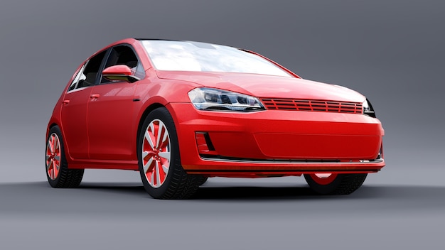 Rode kleine gezinsauto hatchback op grijze achtergrond. 3d-rendering.