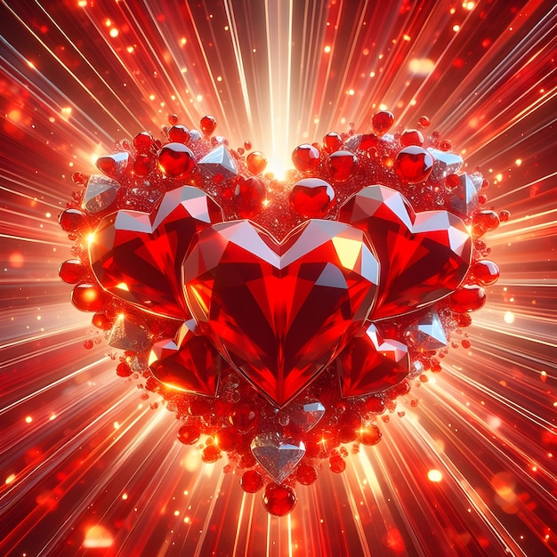 Rode kleur Glinsterende kristallen liefdesharten op radiale achtergrond