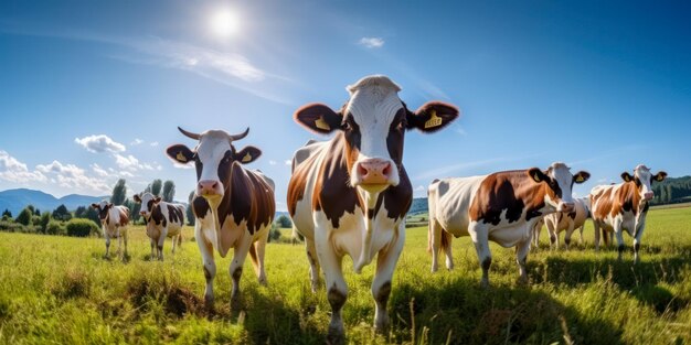 Foto rode koeien in de groene weide op zoek