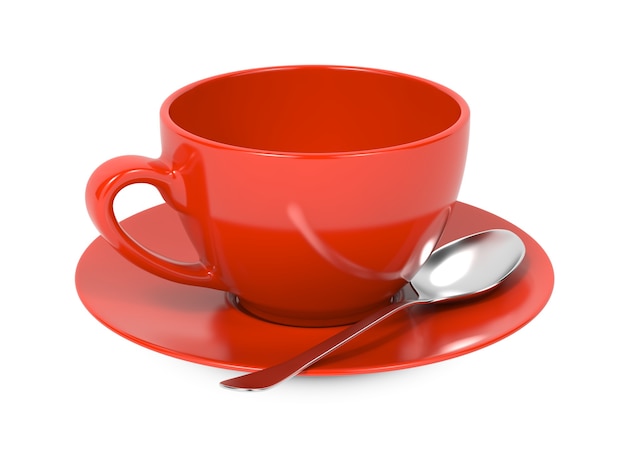 Rode koffiekopje met lepel en schotel geïsoleerd op een witte achtergrond.
