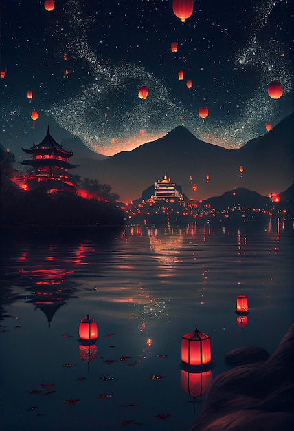 Rode Kongming-lantaarns die in de lucht hangen, huizen aan weerszijden van het meer, menigten die naar het land kijken