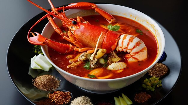 Rode kreeft pittige soep schaal gekookte zeevruchten met kreeft diner tafel en specerijen ingrediënten op bla