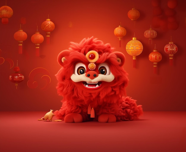 Rode leeuw met Chinese lantaarn op rode achtergrond Chinese cultuur GenativeAI