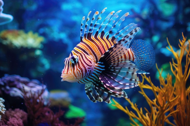 Rode leeuwvis Pterois volitans zwemmen in aquarium Tropische vissen in het aquarium Onderwaterwereld Zeeleven AI gegenereerd