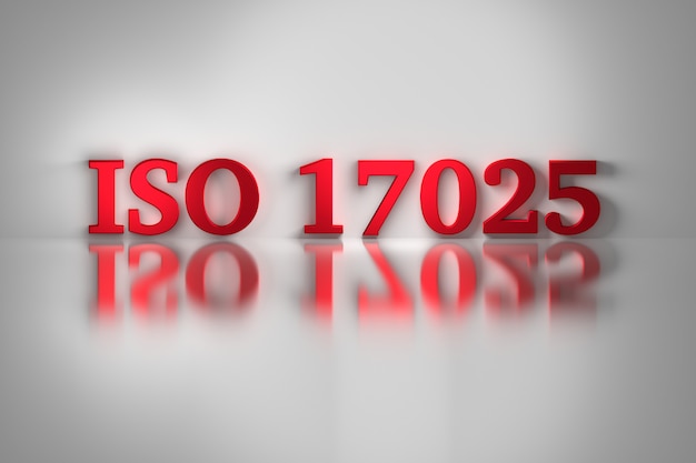 Rode letters van de ISO 17025-kwaliteitsnorm voor test- en kalibratielaboratoria.