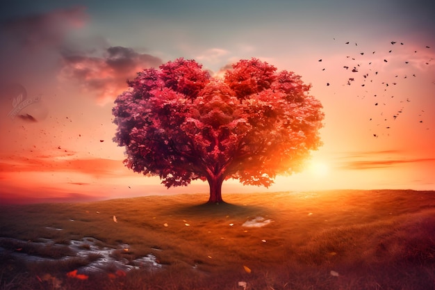 Rode liefdevormige boom op een helderrode ondergrond met zonlicht dat van boven naar beneden schijnt