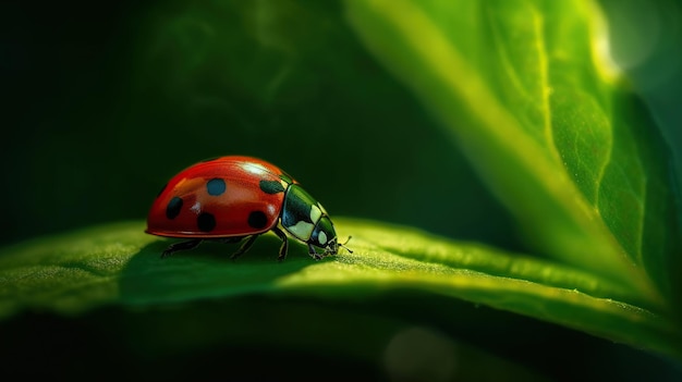 Rode lieveheer met open vleugels op groen blad mooie lieveheer