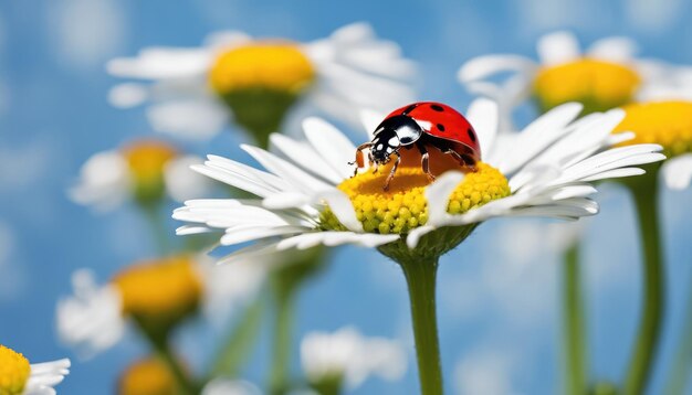 Foto rode lievevrouw op een kamille bloem macro