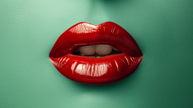 Rode lippen op een groene achtergrond illustratie in de stijl van de schoonheidsindustrie Rode lippenstift