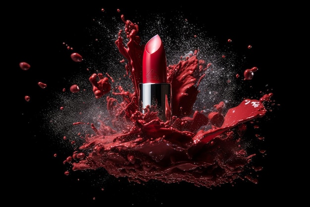 rode lippenstift explodeert donkere achtergrond productfotografie ultra realistisch Generatieve AI
