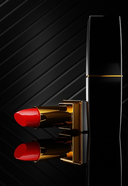 Rode lippenstift in gouden buis en gesloten kast op de donkere achtergrond met strepen. Close-up 3D renderen