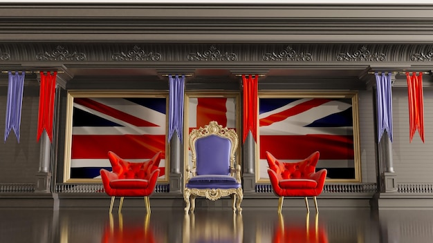 Rode loper met barrières die leiden naar de troon van de Britse troonkoningin met Britse vlag op de achtergrond 3D render