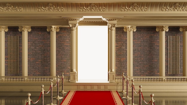 Rode loper met barrières die leiden naar een glanzende ingang met gouden kolommenpilaar 3D render