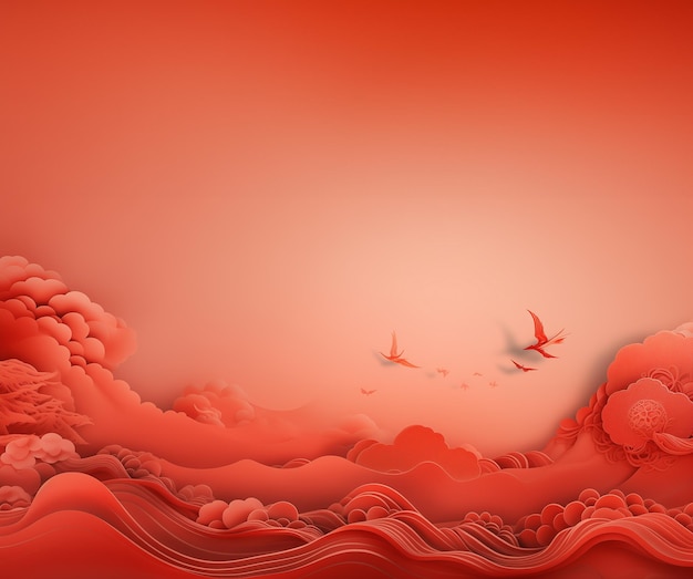 Rode lucht en rode wolk op rode achtergrond met vogel GenativeAI Chinese stijl papercut stijl