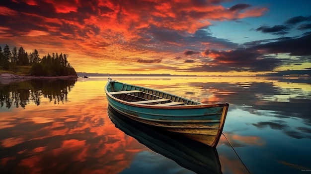 Rode lucht met een oranje boot aan het meer